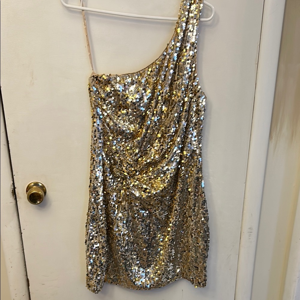 Deb Gold Sequin One-Shoulder Dress Size 2X Vintage